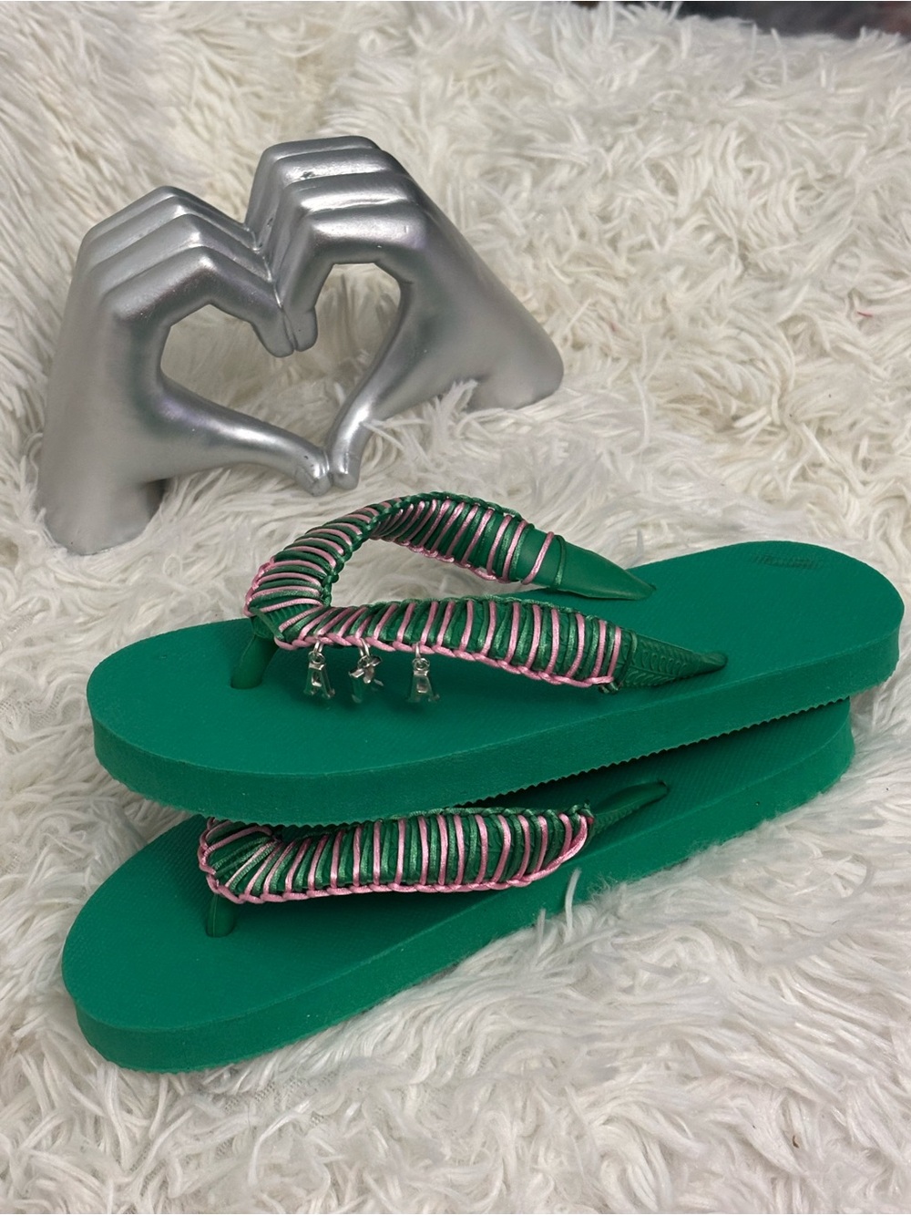🌸 Green Platform Flip Flops with Pink Wrapped Straps